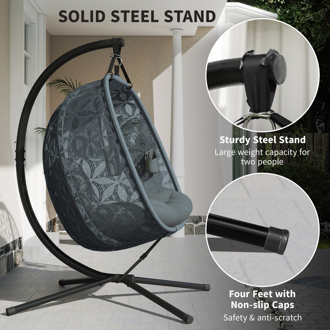 Outdoor Double Hanging Chair with Cushion and Cup Holders, Charcoal Grey