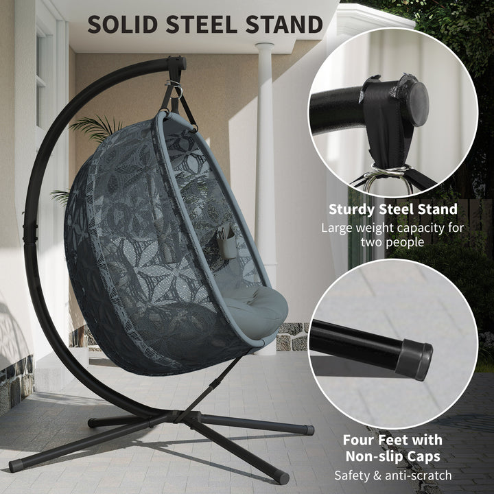 Outdoor Double Hanging Chair with Cushion and Cup Holders, Charcoal Grey