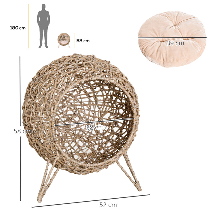 MCL Wicker Cat Bed, Ball-Shaped Rattan Elevated Cat Basket with Three Tripod Legs, Cushion - Natural Wood Finish