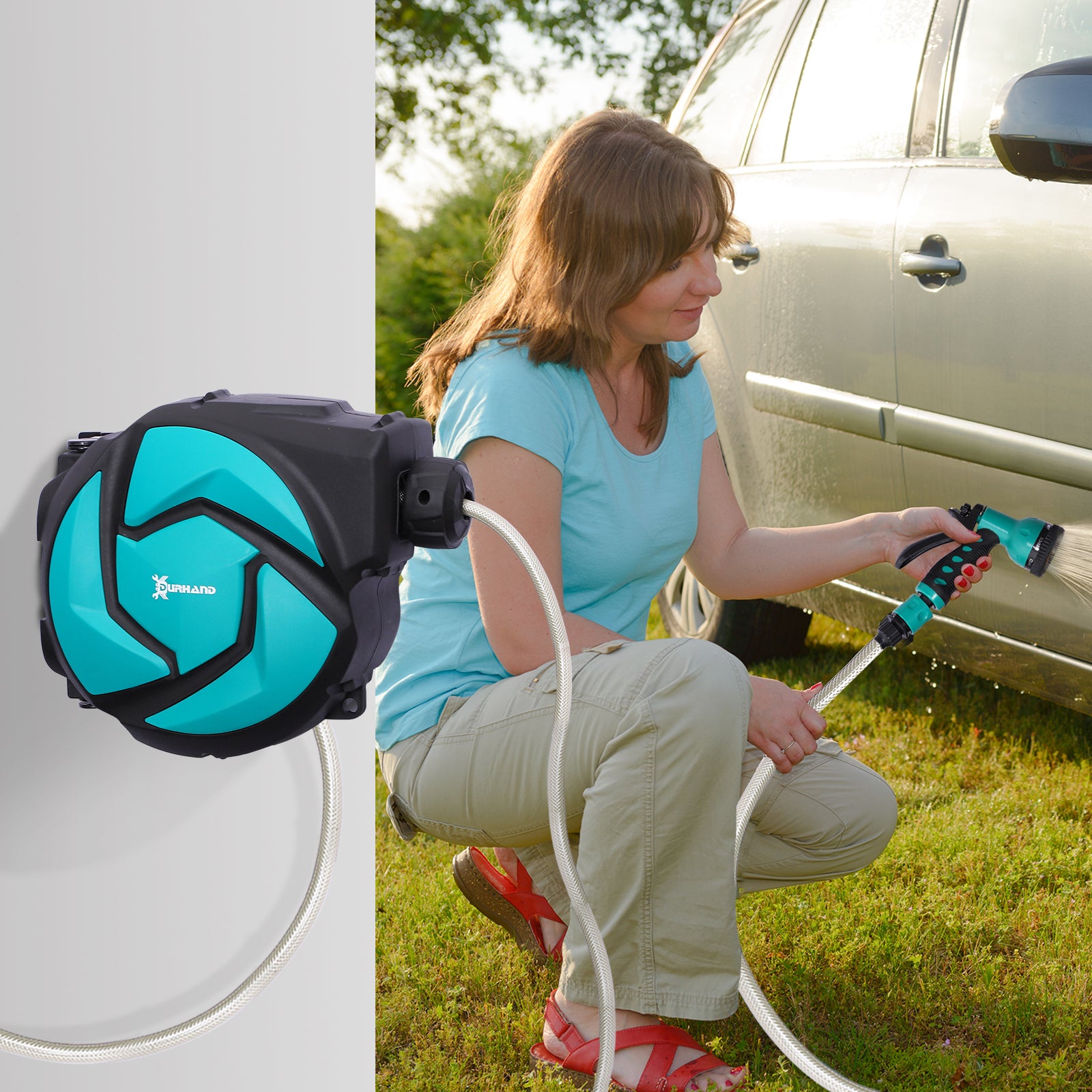 10m Garden Auto Hose Reel Wall Mounted Retractable 7 Patterns Spray Nozzle