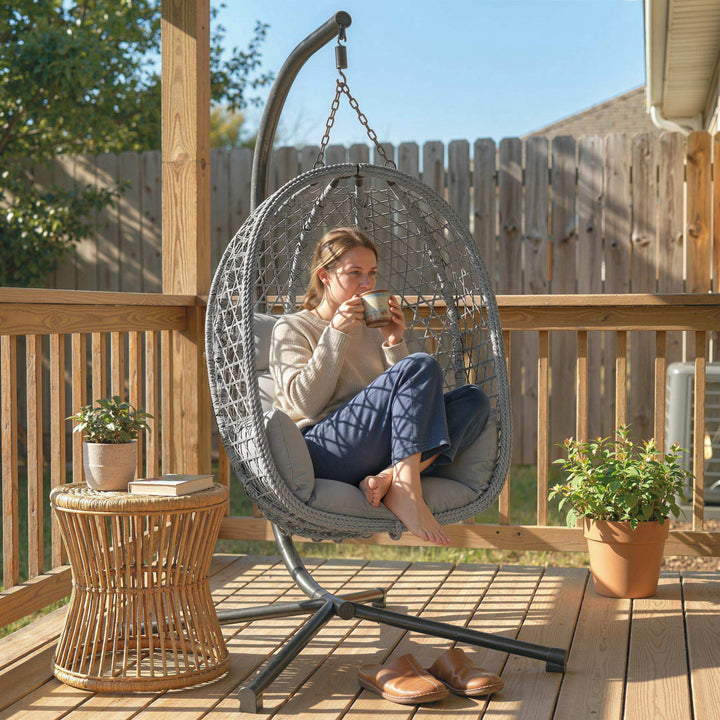 Hanging Egg Chair, Indoor Outdoor Rattan Hammock Swing Chair with Stan