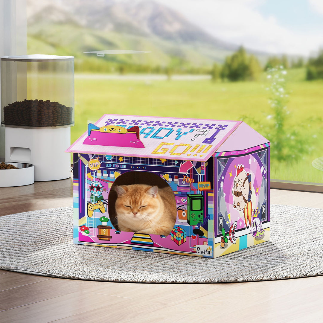 MCL 2 in 1 Gaming Style Cardboard Cat House with Scratching Board & Catnip for Indoor Cats, Pink