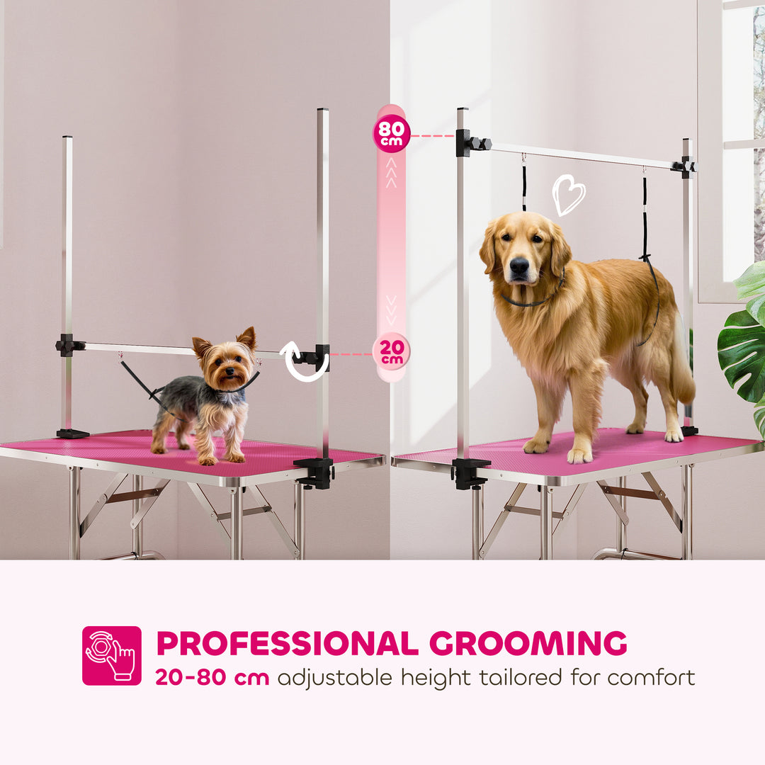 42" Dog Grooming Table, Adjustable Pet Cat Drying Beauty Table with 2 Loops Storage Basket, Rubber Top, Pink
