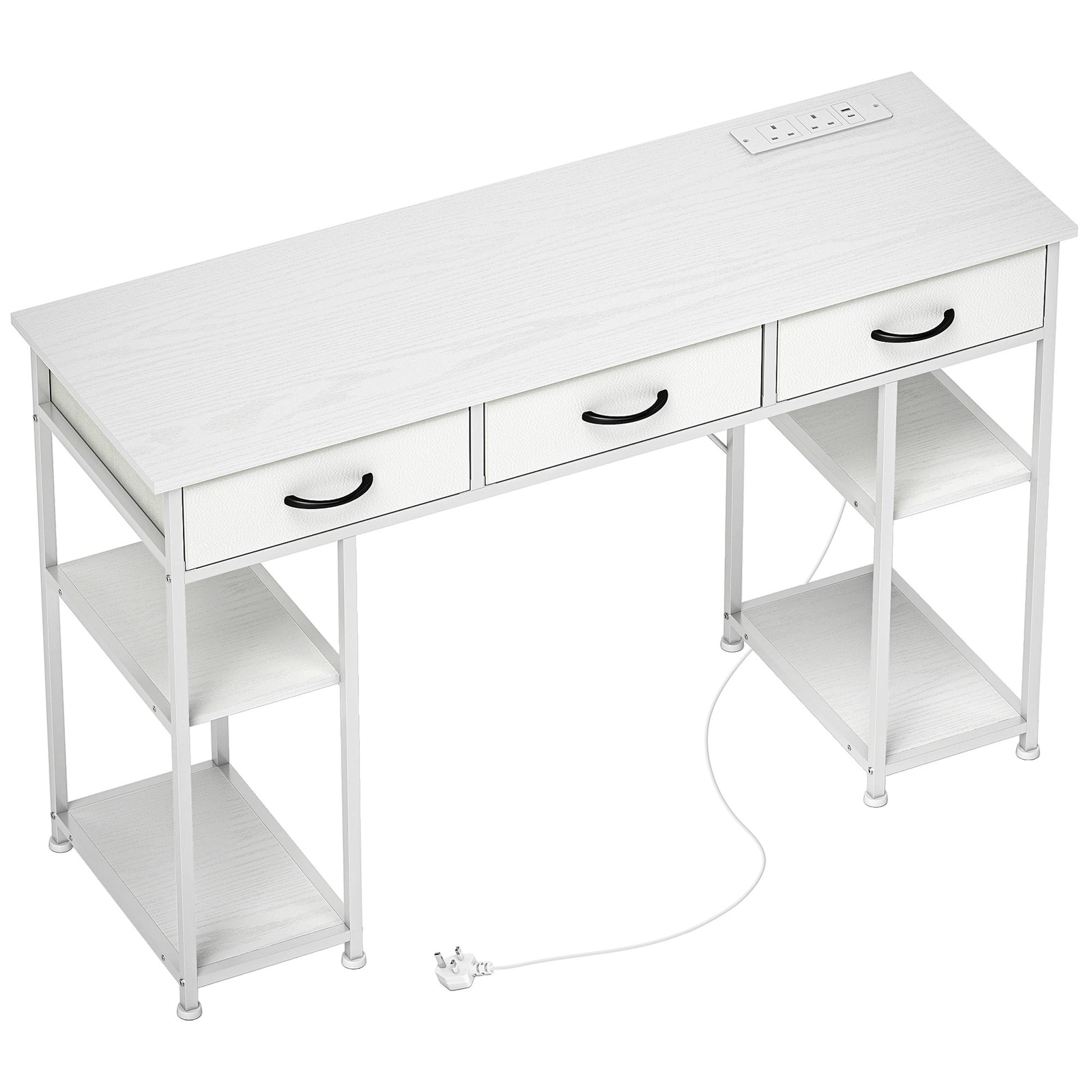 120cm Computer Desk with Power Outlets, Office Desk Study Table with 3 Fabric Drawers and 4 Storage Shelves, White