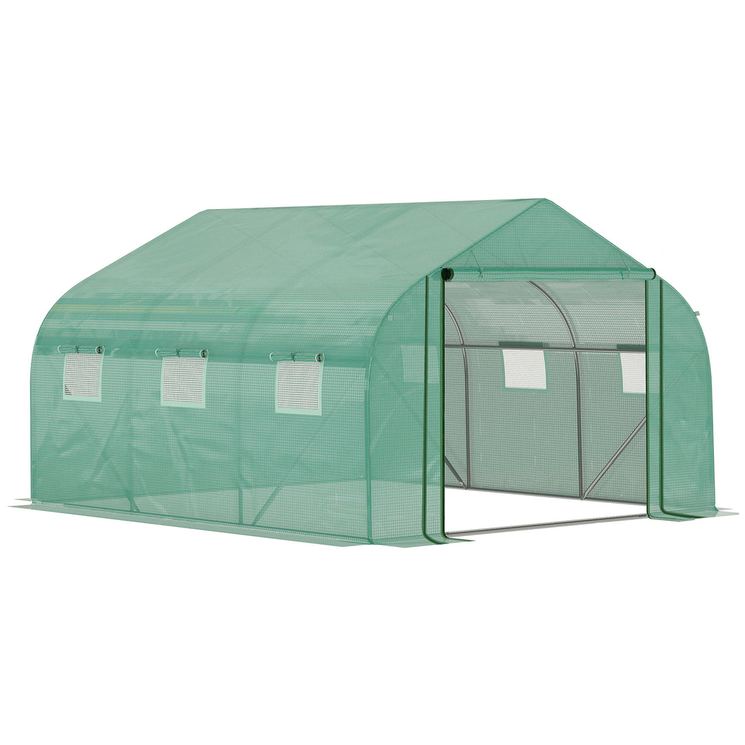 Walk-in Polytunnel Garden Greenhouse, Outdoor Mesh Door Greenhouse with PE Cover and 6 Windows, 3.5 x 3 x 2m, Green
