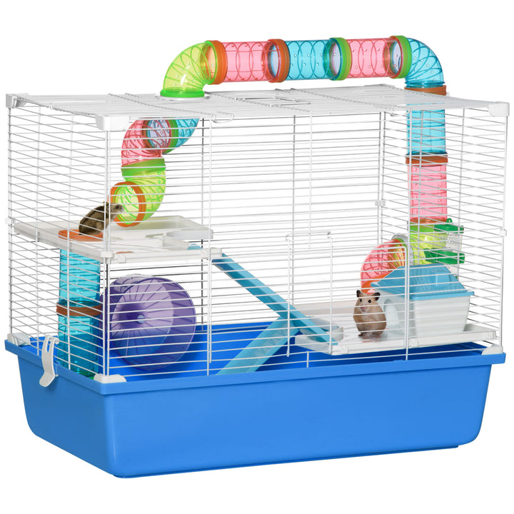 PawHut Large Hamster Cage, 3-Level Small Rodents House, w/ Tube Tunnel, Exercise Wheel, Food Dish, Ramps, Hut, 59 x 36 x 47 cm, Blue | Aosom UK