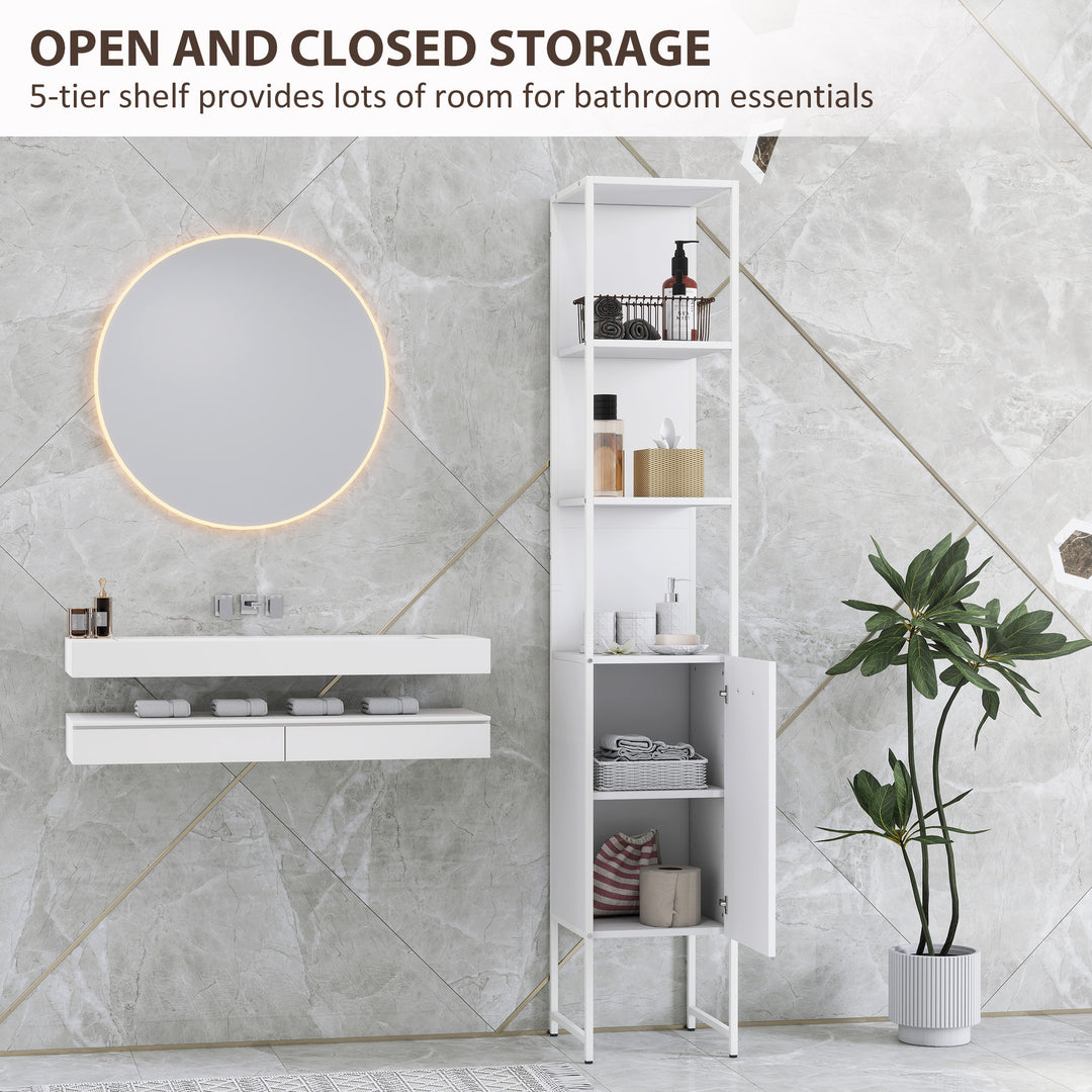 Tall Bathroom Cabinet with Open Shelves and Adjustable Shelf - White