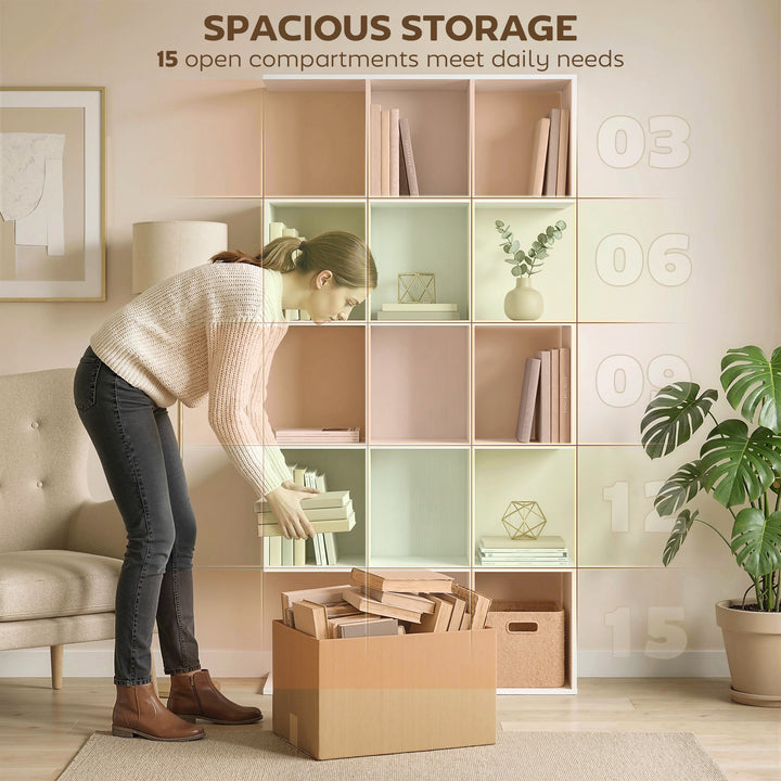 5-Tier Bookshelf, S Shaped Geometric Bookcase with 15 Compartments, Wh
