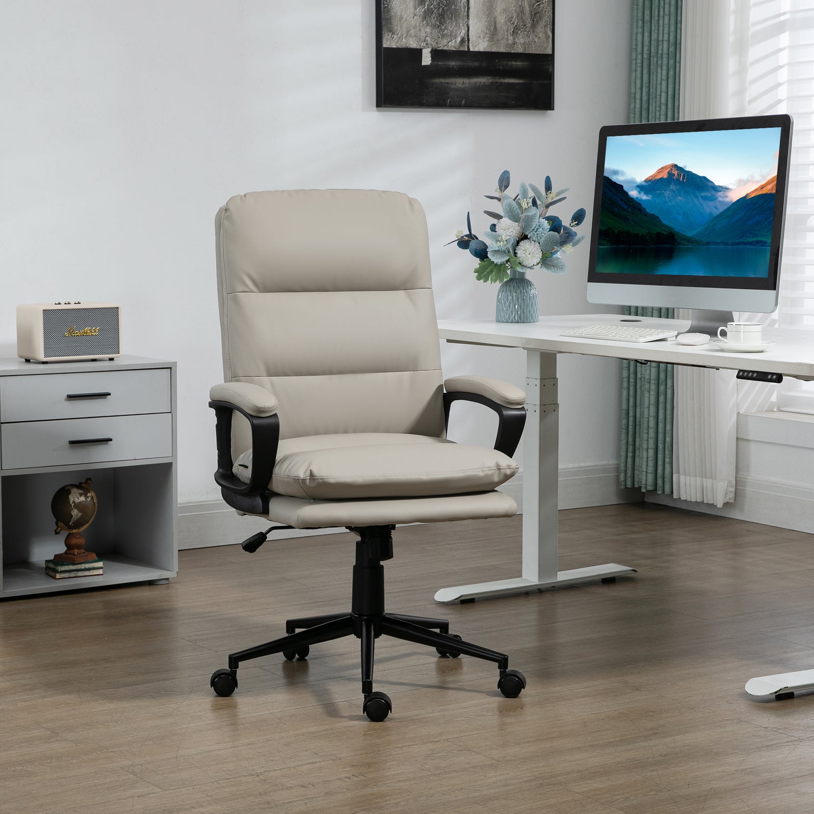 Office Chair, PU Leather Computer Desk Chair Office Chair with Adjustable Height and Swivel Rolling Wheels for Work Study, Light Grey