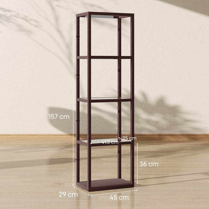LED Floor Lamp with Glass Shelves, 4 Layers Dimmable Tall Standing Lamp, Modern Column Shelf Floor Light for Living Room, Bedroom, Office, Dark Brown
