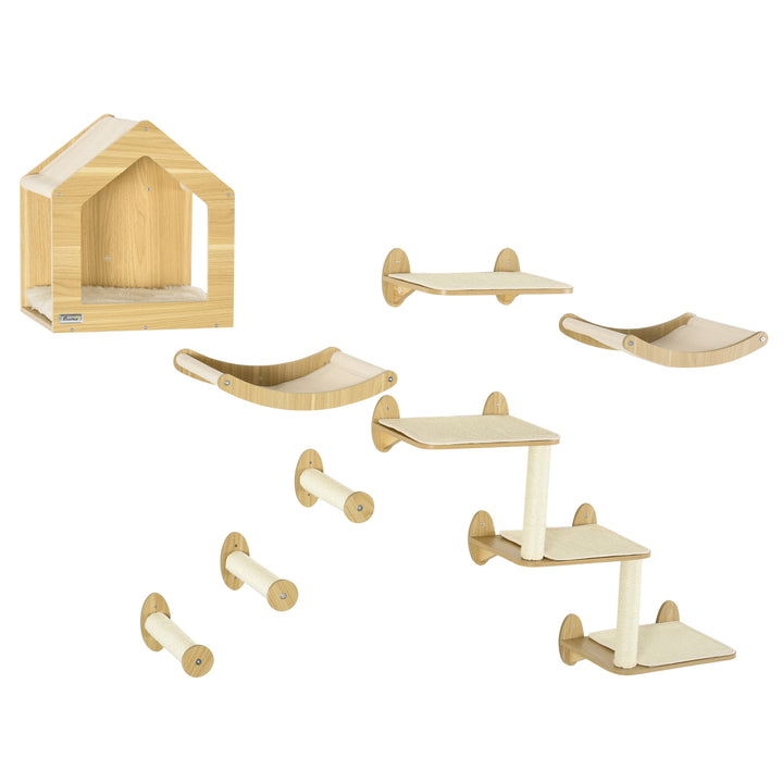 8 Piece Cat Shelves Set, with Cat House, Three Perches, Three Scratchi