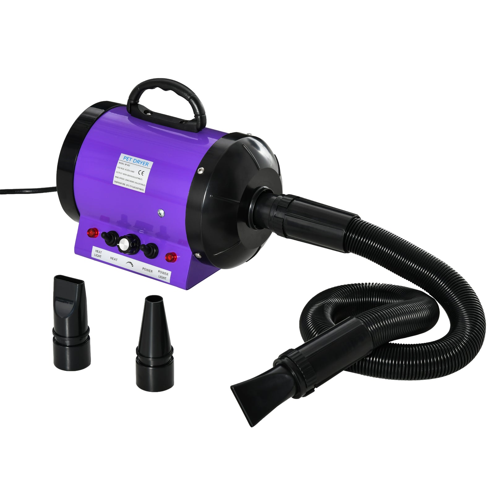 Dog Hair Dryer Pet Grooming Blaster Dryer Blower Adjustable Temperature Speed with 2.1M Flexible Hose 3 Nozzles - Purple