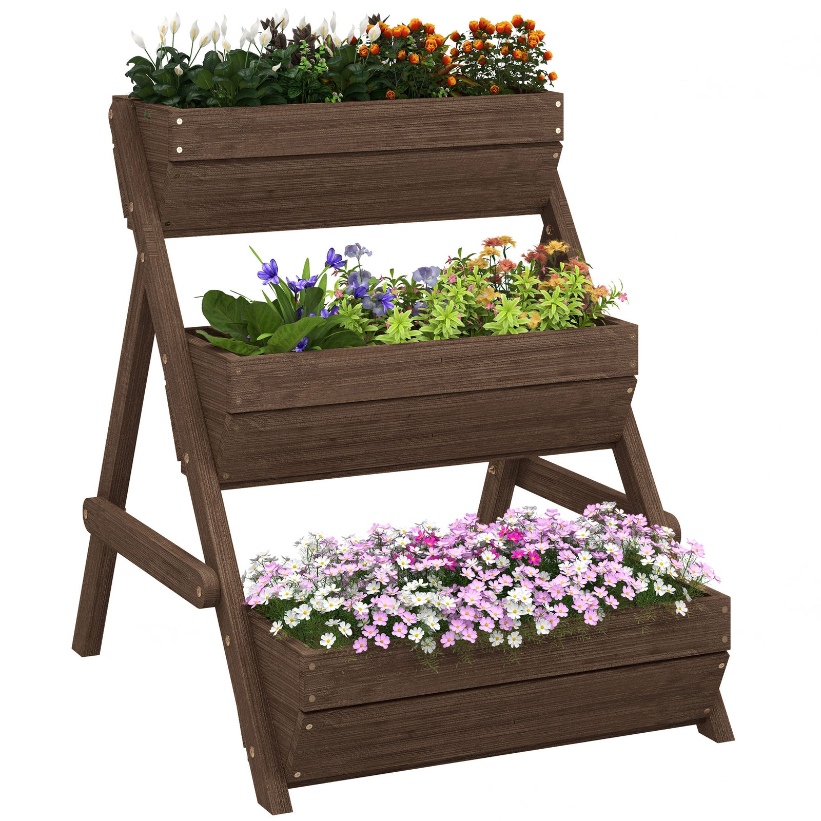 3 Tier Raised Garden Bed Wooden Elevated Planter Box Kit, 66L for Flower, Vegetable, Herb, 65x75x78cm, Tan