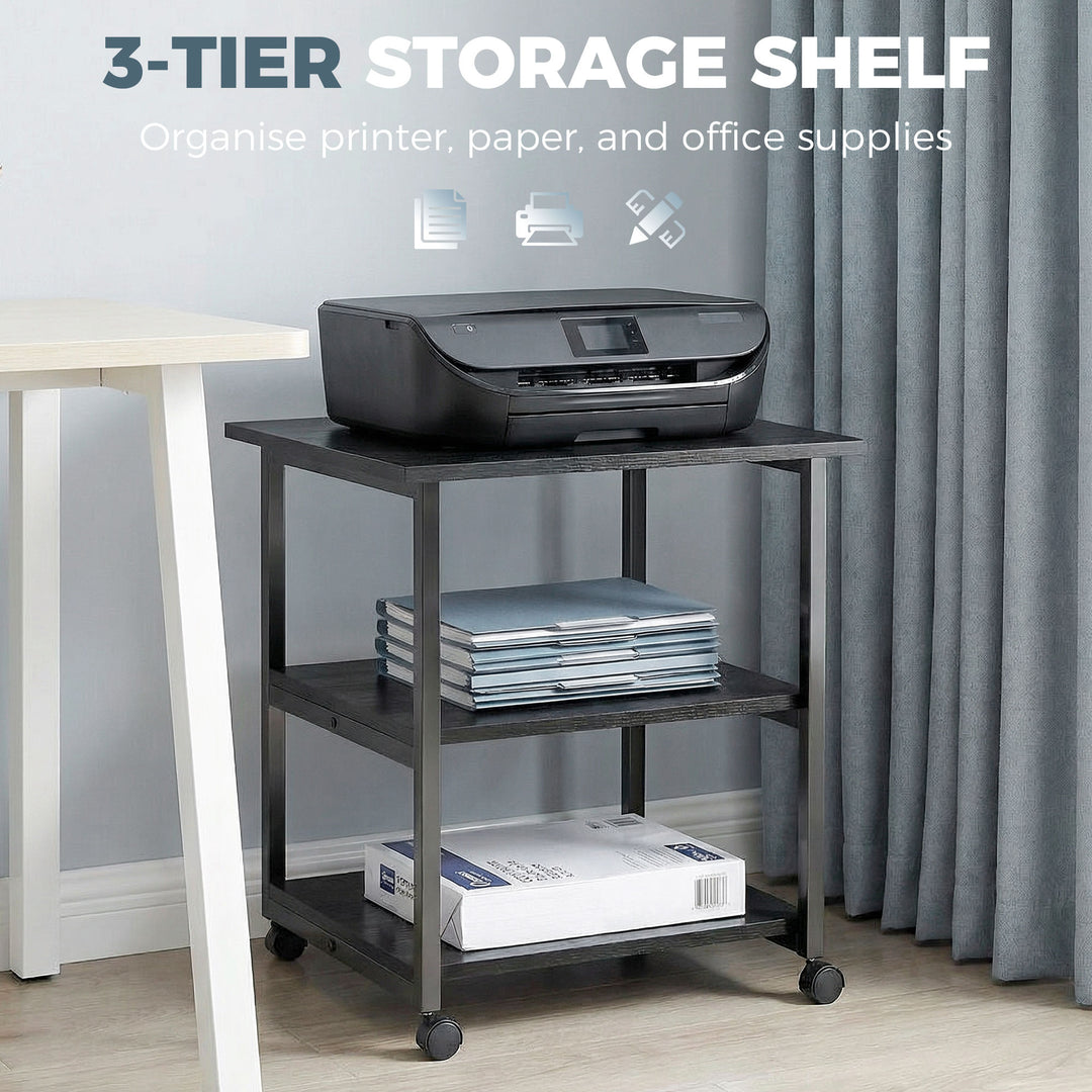 Three-Tier Steel Printer Stand, with Wheels - Black