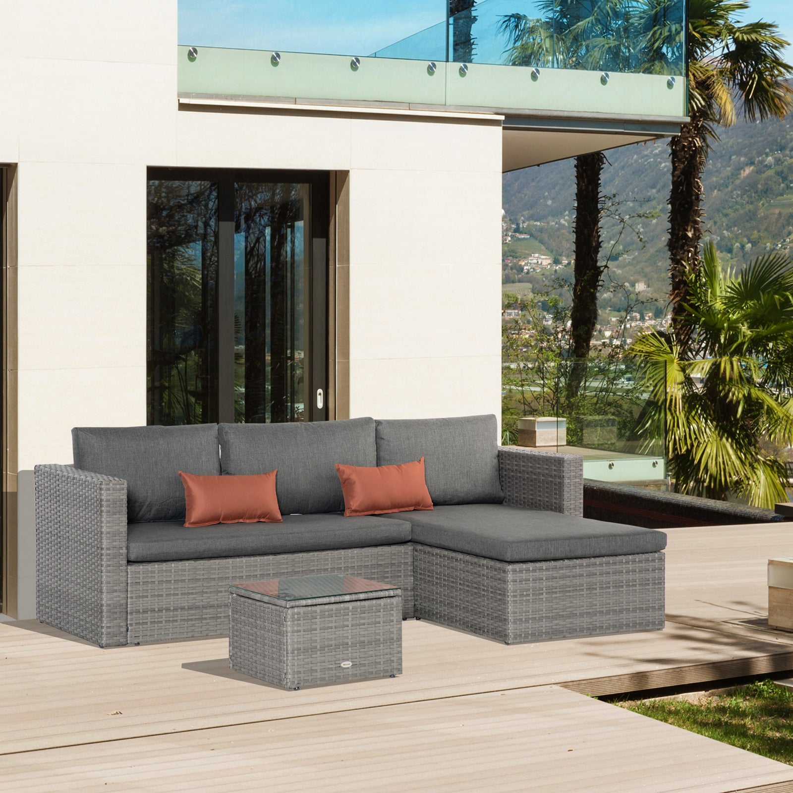 3 Pieces Outdoor PE Rattan Sofa Set, Patio Wicker Conversation Chaise Lounge Furniture w/ Tempered Glass Table-top & Soft Padded Cushion for Garden, Backyard, Lawn, Grey
