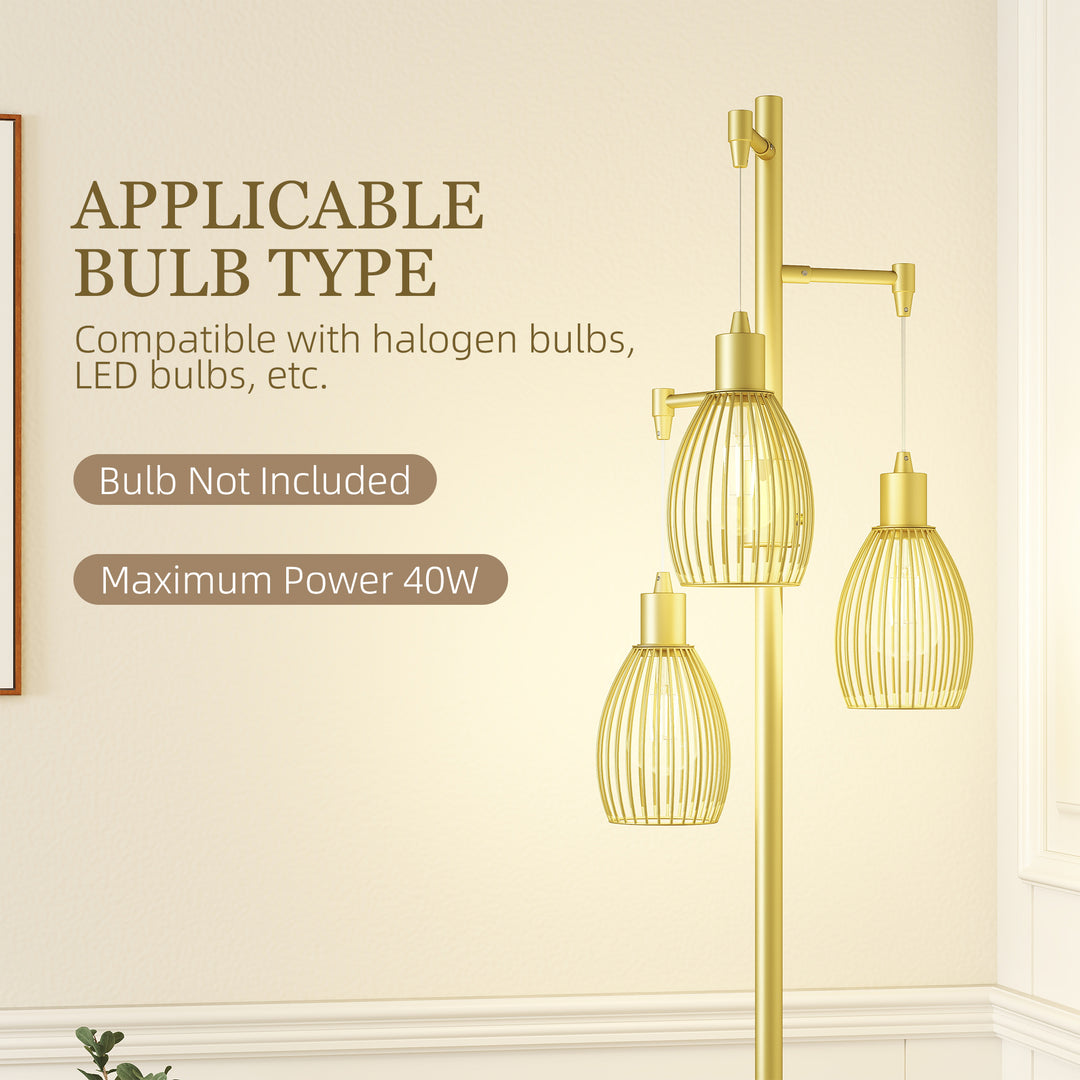 3-Light Floor Lamp, 170cm Industrial Dimmable Standing Lamp with Steel Wire Cage Lampshades for Living Room, Bedroom, Dining Room, Study, Gold Tone