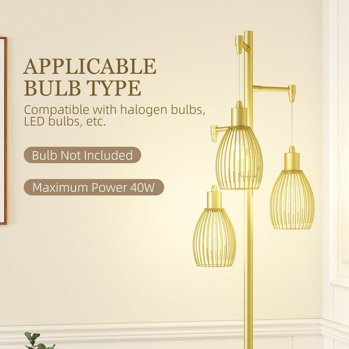 3-Light Floor Lamp, 170cm Industrial Dimmable Standing Lamp with Steel Wire Cage Lampshades for Living Room, Bedroom, Dining Room, Study, Gold Tone