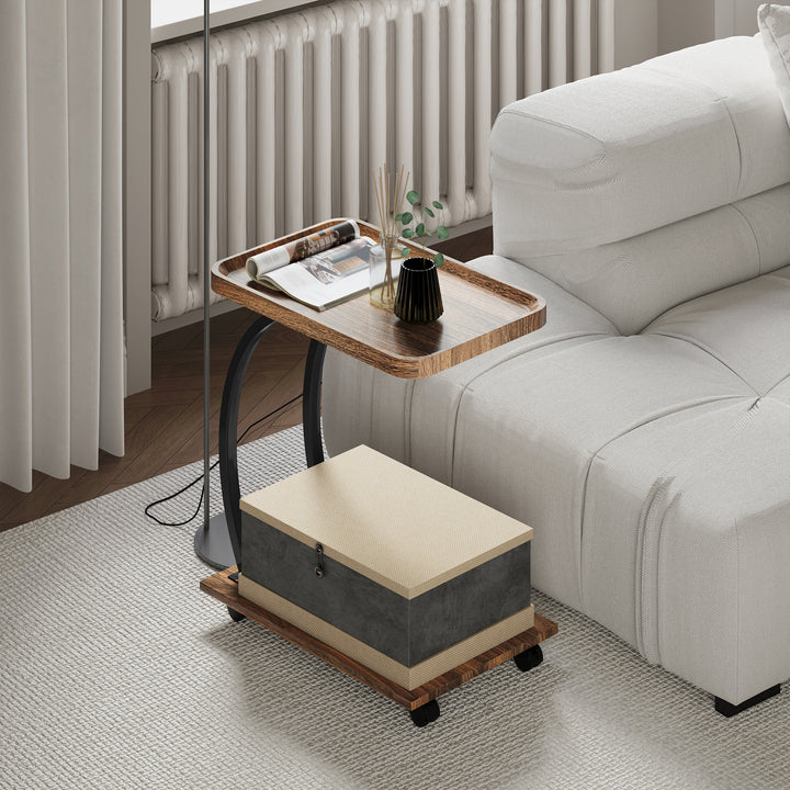 2-Tier Mobile C-Shaped Side Table - Brown