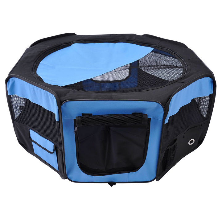 PawHut Fabric Pet Playpen: 8-Panel Foldable Mesh Enclosure for Outdoor Use, Dia 90 x 41H cm, Blue | Aosom UK