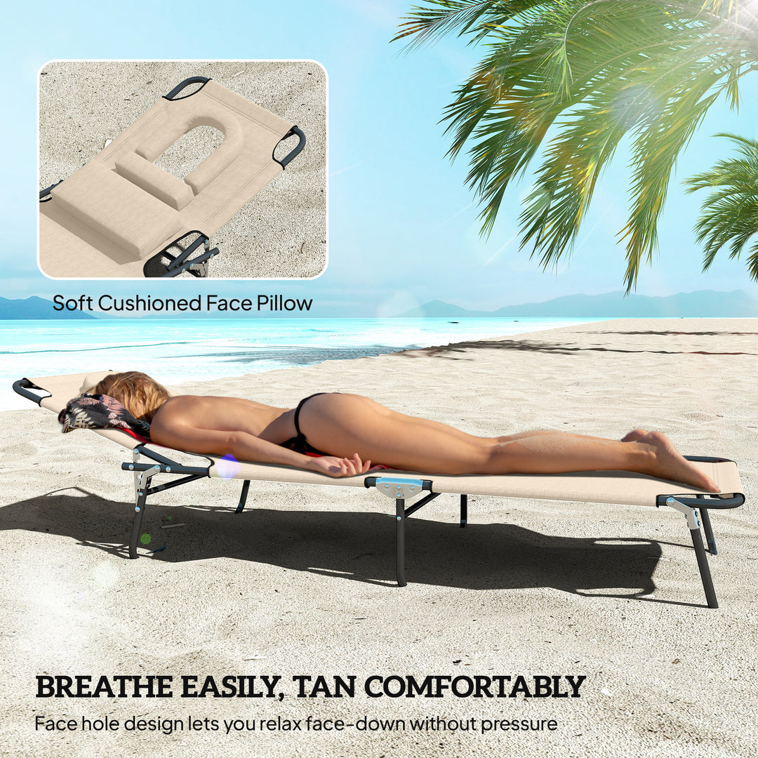 Outdoor Folding Sun Lounger with Face Hole, 4 Level Adjustable Backrest Reclining Garden Lounger, Garden Recliner Sunbed with 600 D Oxford Cloth Seat and Pillow for Beach, Beige