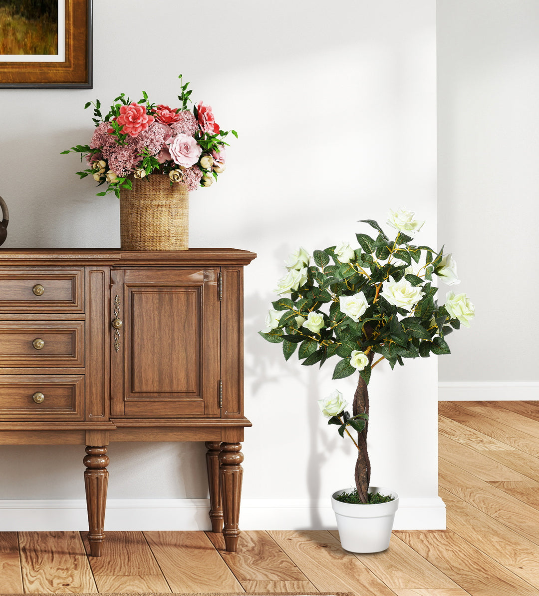 MCL Artificial Plants White Rose Floral in Pot, Fake Plants for Home Indoor Decor, 90cm