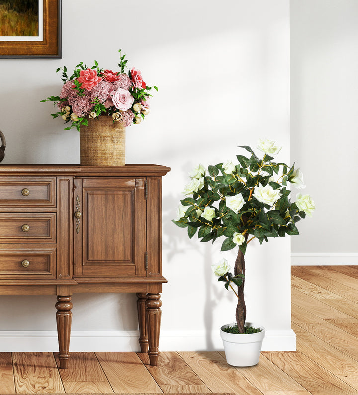 MCL Artificial Plants White Rose Floral in Pot, Fake Plants for Home Indoor Decor, 90cm