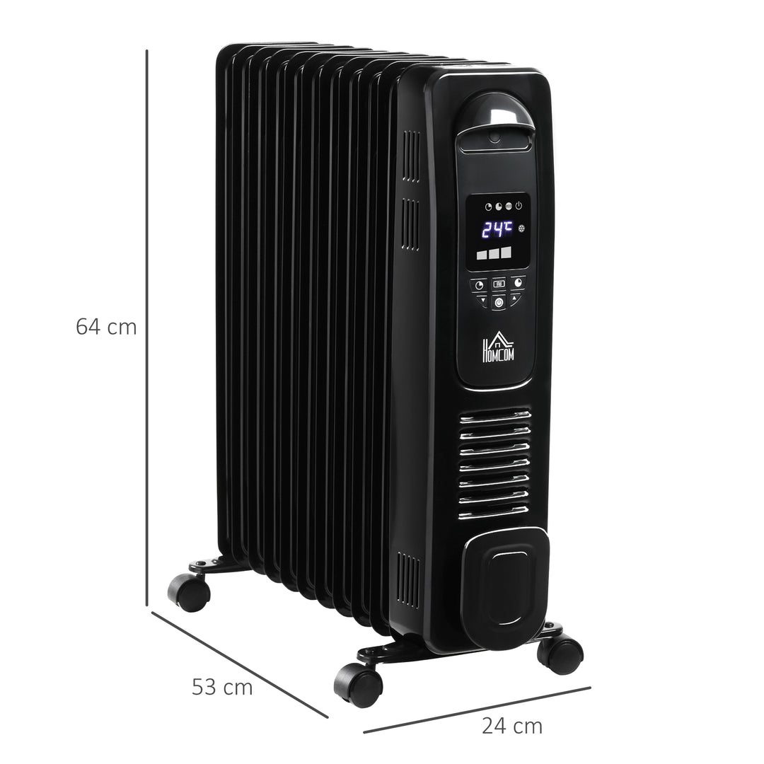 2500W Digital Display Oil Filled Radiator, 11 Fin Portable Electric Heater with Timer, Adjustable Thermostat, Three Heat settings, Safety Cut Off, Remote, Black