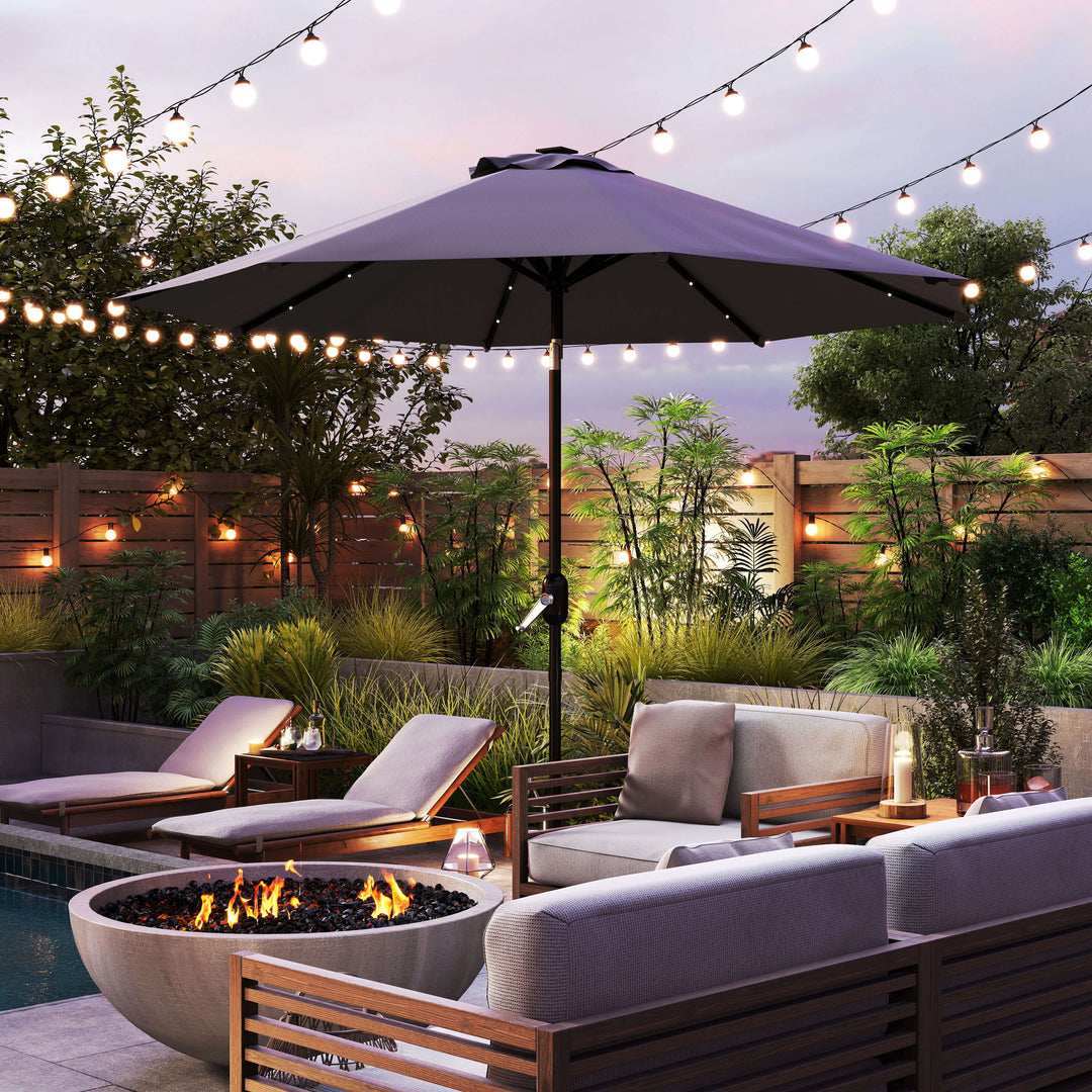 MCL 2.7m Patio Garden Umbrella Outdoor Parasol with Tilt Crank and 24 LEDs Lights (Grey)