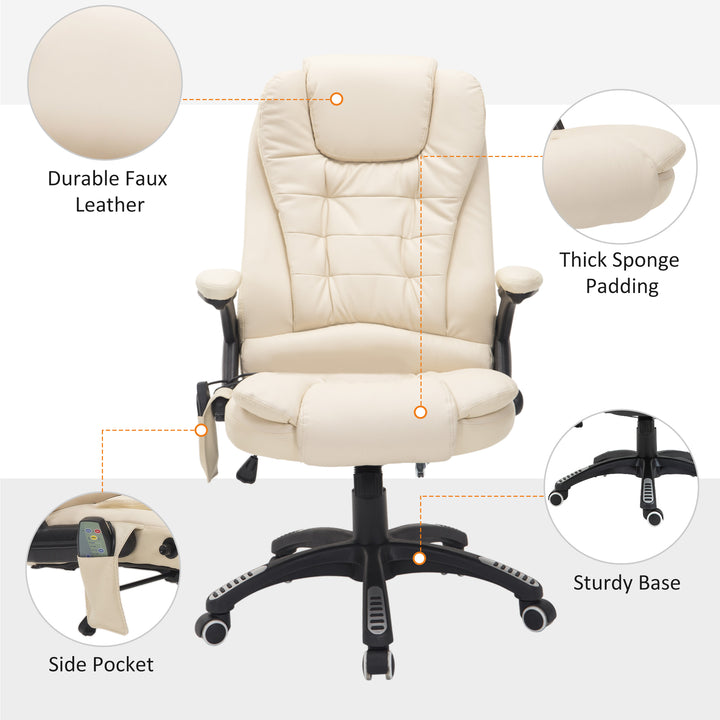 6-Point Massage Office Chair with Seat Heated for Home Office, PU Leather High Back Executive Desk Chair with Adjustable Height and 360° Swivel for Work Study, Beige