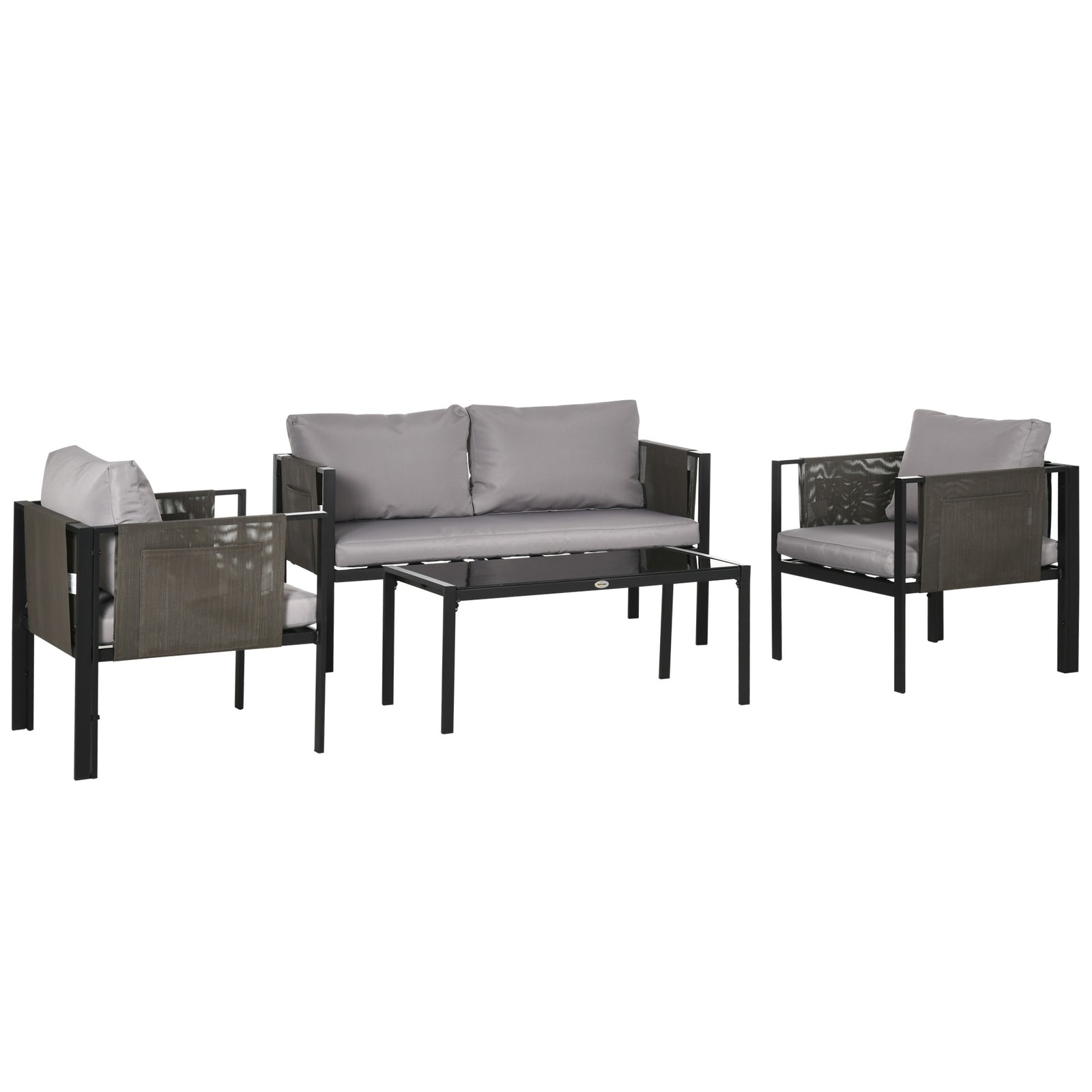 4 Piece Metal Garden Furniture Set with Tempered Glass Coffee Table, Texteline Pocket, Outdoor Set Loveseat Single Armchairs with Padded Cushions, Light Grey