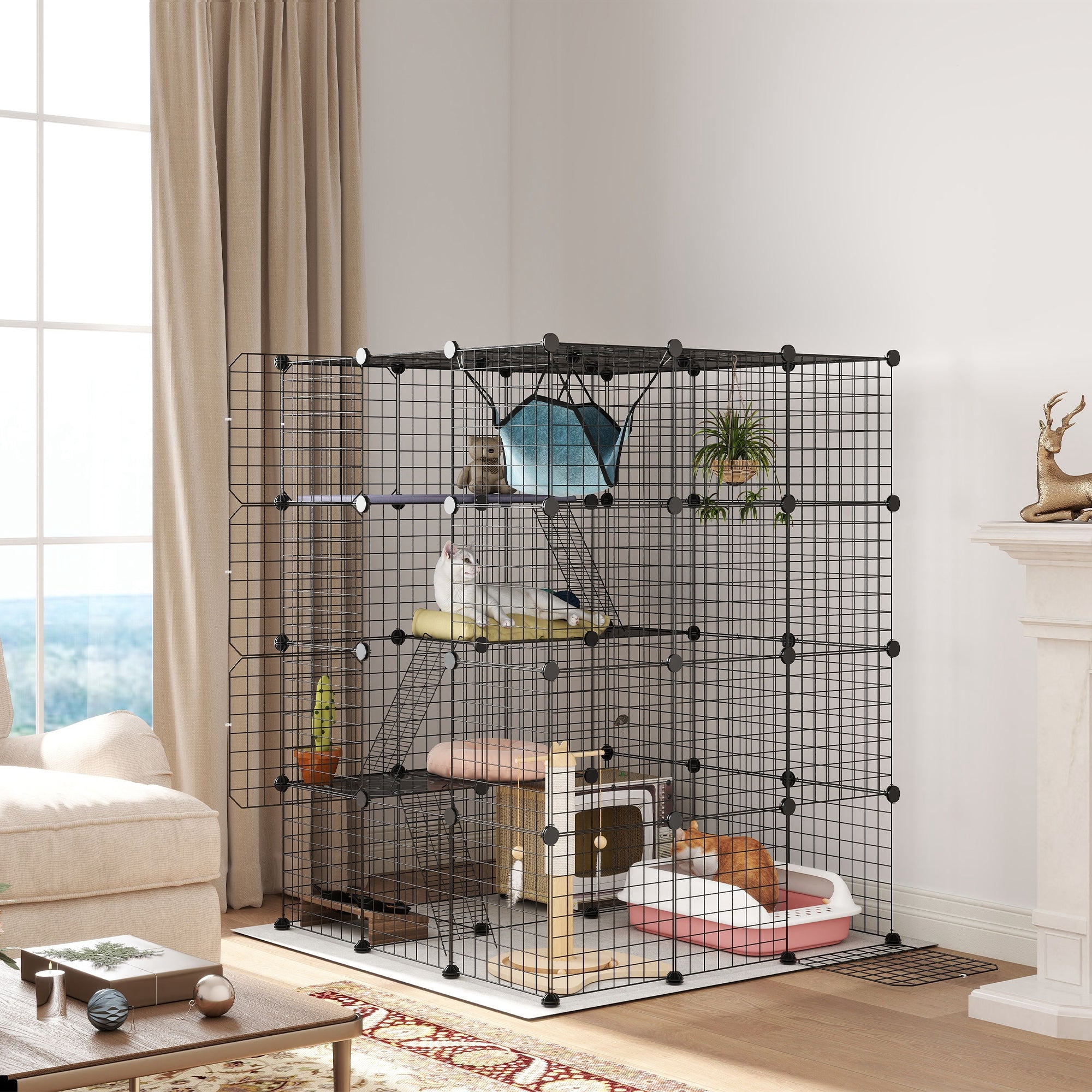 PawHut Steel Wire Cat Cage Indoor with Hammock, Ramps, Doors, DIY Cat ...