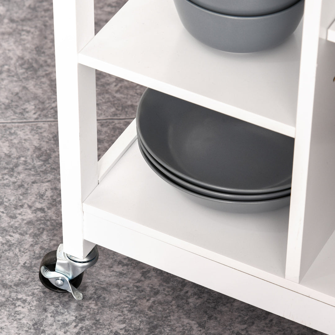 Kitchen Trolley, Kitchen Island on Wheels, w/ Wood Top, 3 Shelves and Storage Cupboard, White