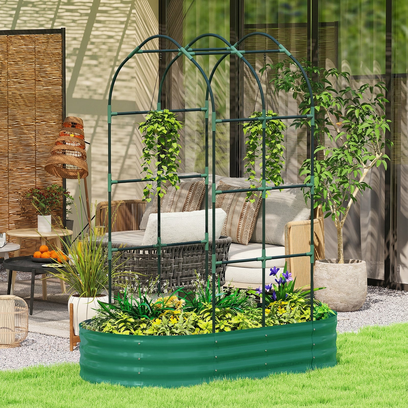 Galvanised Raised Garden Bed with Arched Trellis, 5 x 3 x 6ft Metal Ra