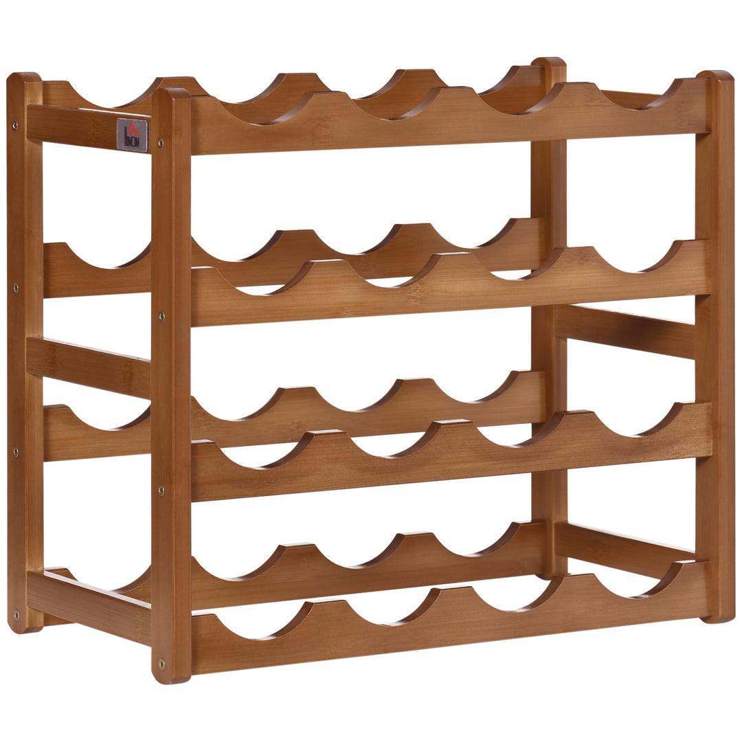 Free Standing Bamboo Wine Rack with 16 Bottles Holder, 4-tier Water Bottle Organiser, Display Shelf for Countertop, Home Bar, Brown