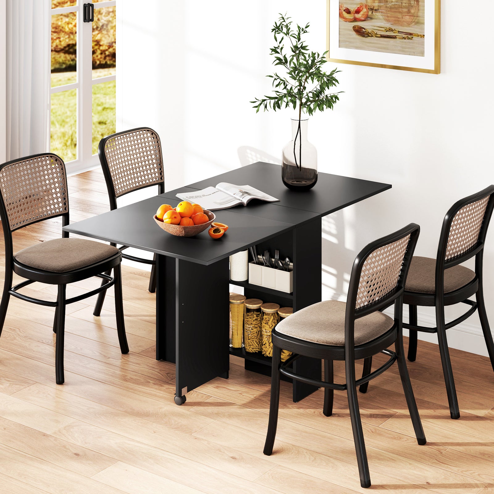 Foldable Dining Table, Extendable Drop Leaf Table with 2-tier Shelves, Small Dinner Table with Rolling Casters