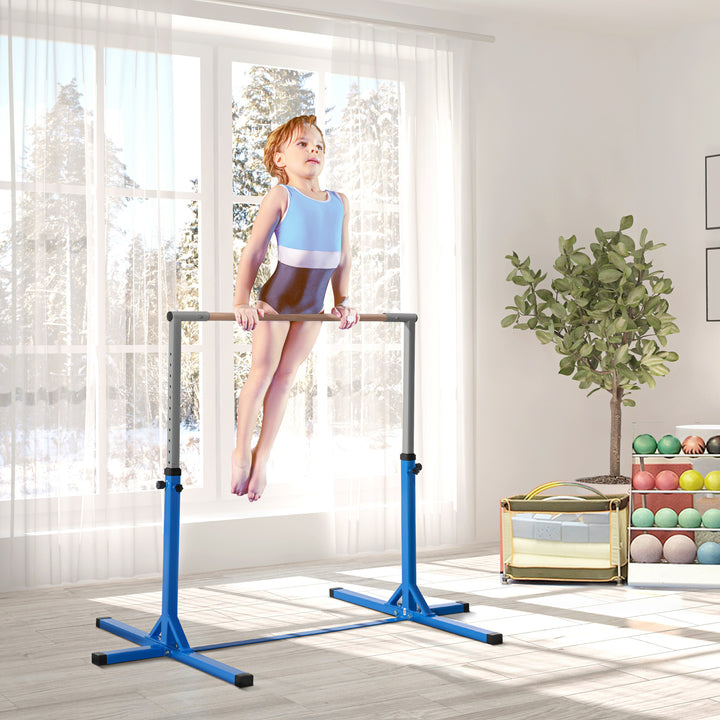 HOMCOM Height Adjustable Gymnastics Horizontal Bar For Kids Home Gym Training Children Junior Kip High Bar Fitness Blue w/ Steel Frame Wood