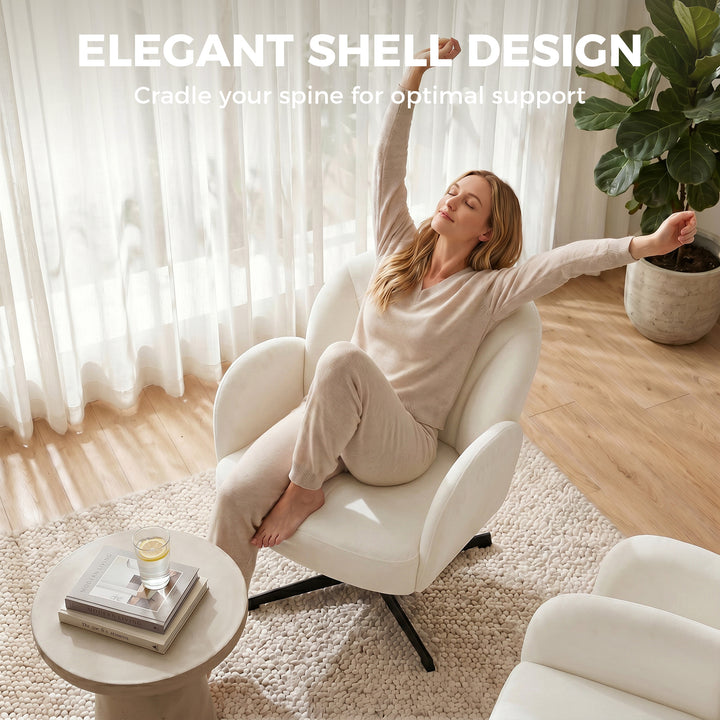 Swivel Accent Chair, Shell-Shaped Armchair with Spring Cushion, Metal 