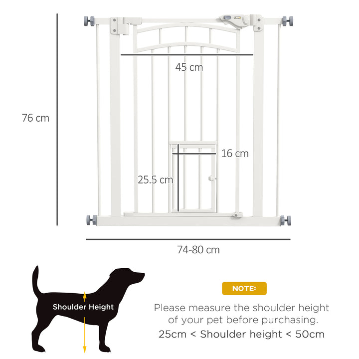 PawHut Safety Pet Gate, Pressure Fit Stair Gate with Cat Door, Auto Close, Double Lock, 74-80cm, White | Aosom UK