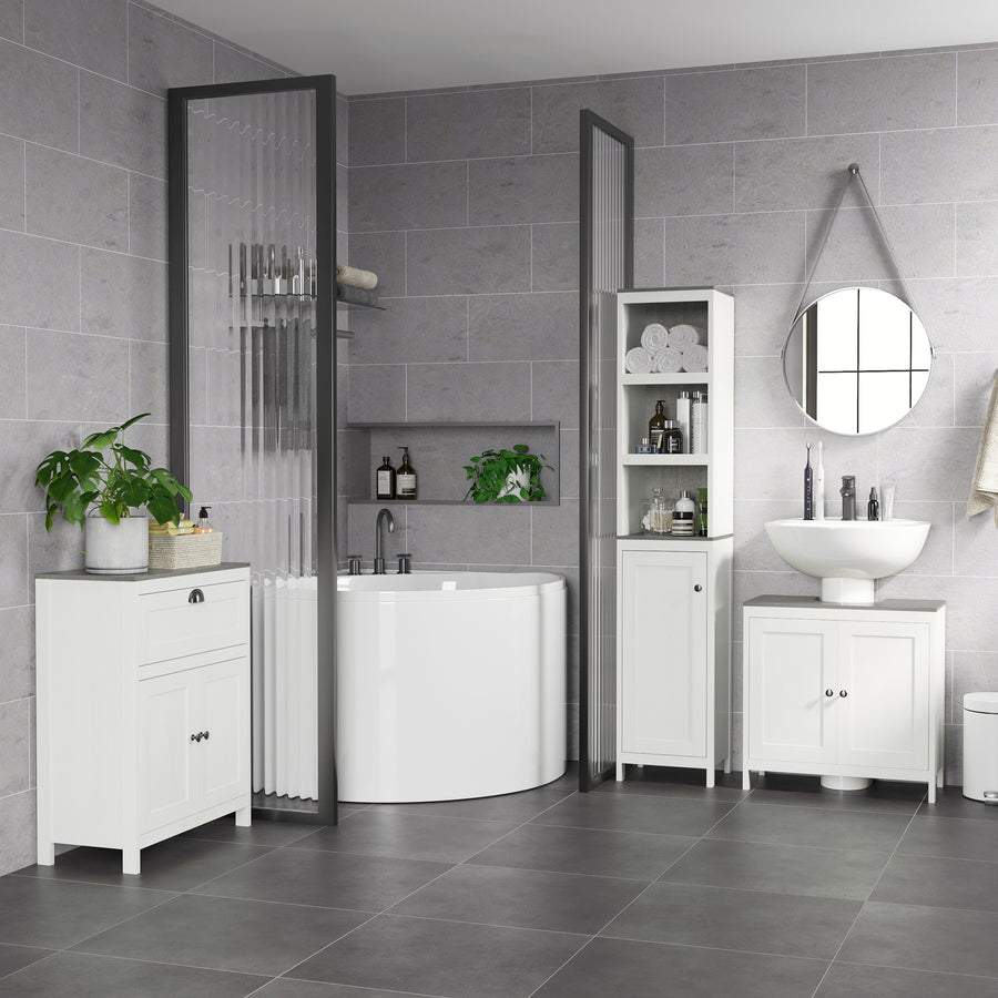 Bathroom Furniture Set with Adjustable Shelves, 6-Tier Tall Bathroom Storage Cabinet, Floor Cabinet with Drawer, Under Sink Cabinet, Antique White