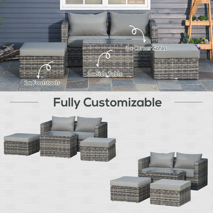 Five Piece Rattan Armchair, Stool and Table Set - Mixed Grey