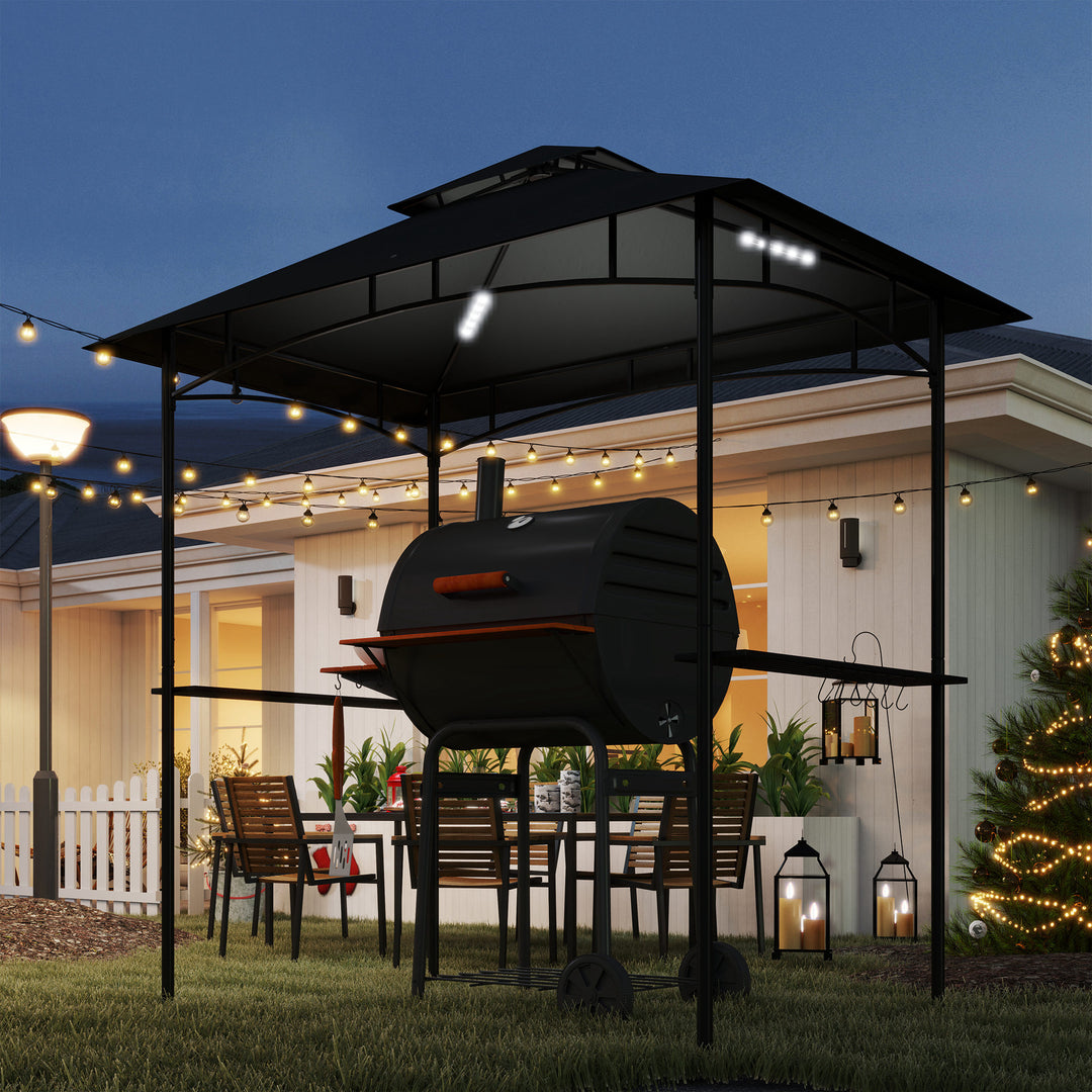 8' x 5' Grill Gazebo, Double Tiered BBQ Gazebo Shelter Canopy with LED Lights, 2 Side Shelves, Hooks, Dark Grey