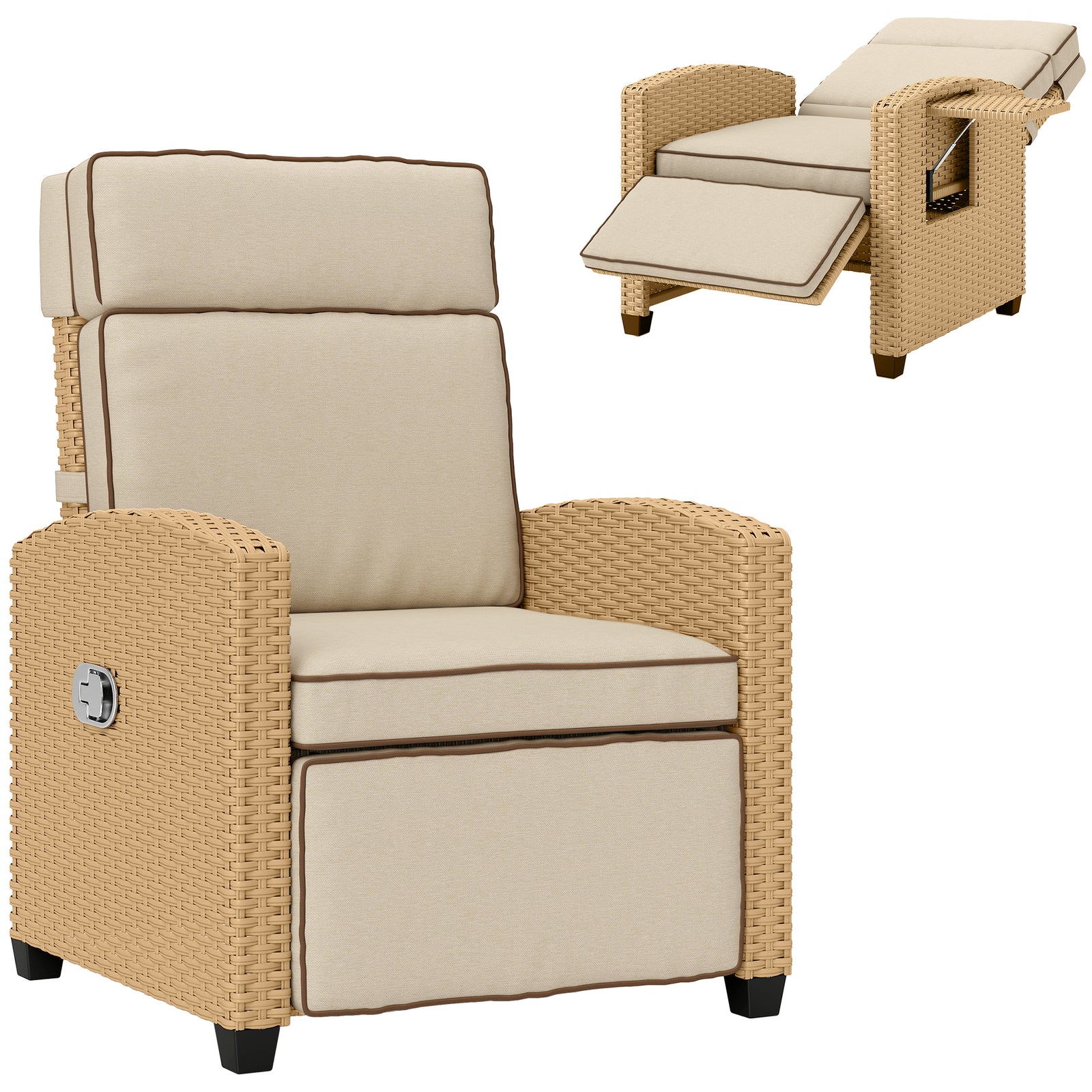 145° Reclining Rattan Armchair, with Footrest - Khaki/Beige