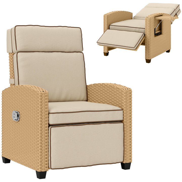 145° Reclining Rattan Armchair, with Footrest - Khaki/Beige