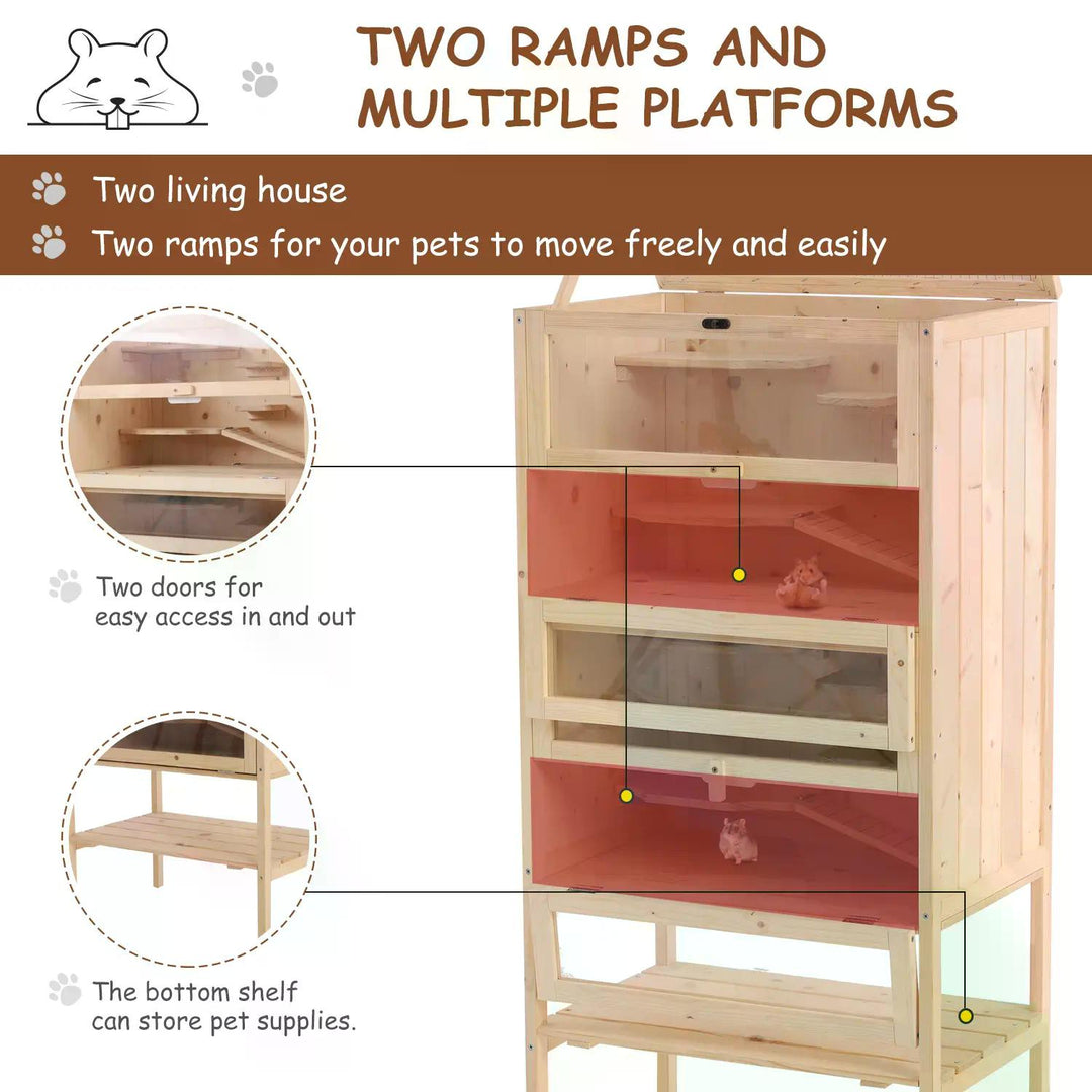 PawHut Hamster Cage Wooden Mouse Rodent Small Pet Animals 4 Layers Tall Bottom Storage Shelf Easy Clean