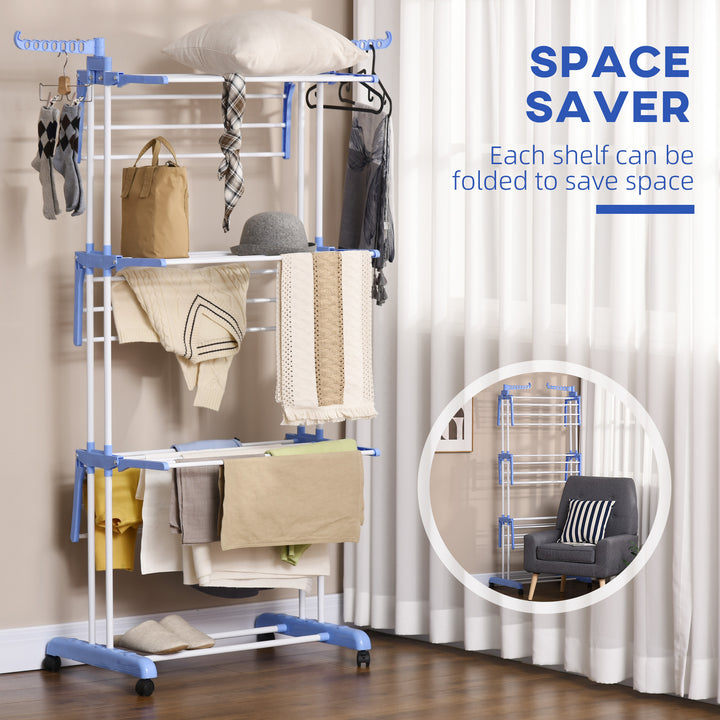 Foldable Clothes Drying Rack, 4-Tier Steel Garment Laundry Rack with Castors for Indoor and Outdoor Use, Blue