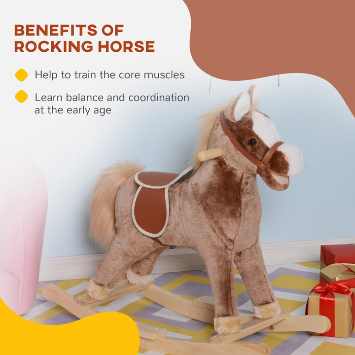 MCL Kids Children Plush Rocking Horse Wooden Base Ride On Toy Rocker with Handle Grip Traditional Toy Fun Gift for Age 3+ (Brown)