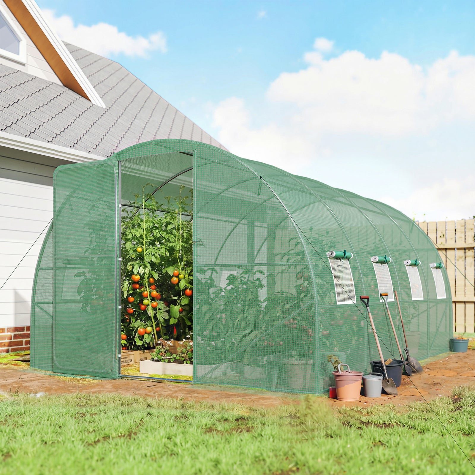 3 x 4 m Walk-in Polytunnel Greenhouse with Hinged Door and 8 Roll Up M