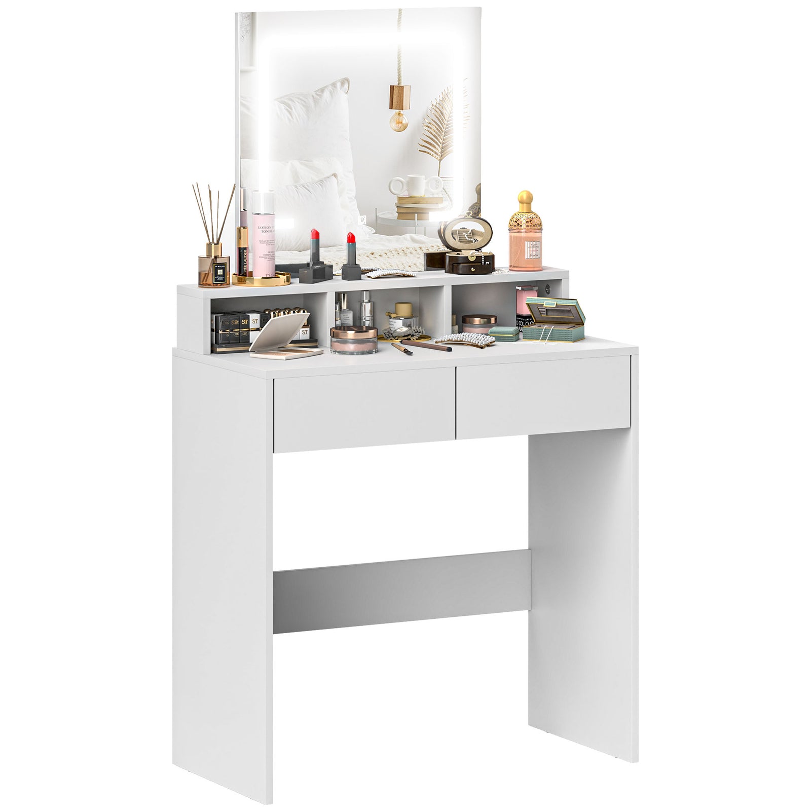 Storage Dressing Table, with LED Light Mirror - White