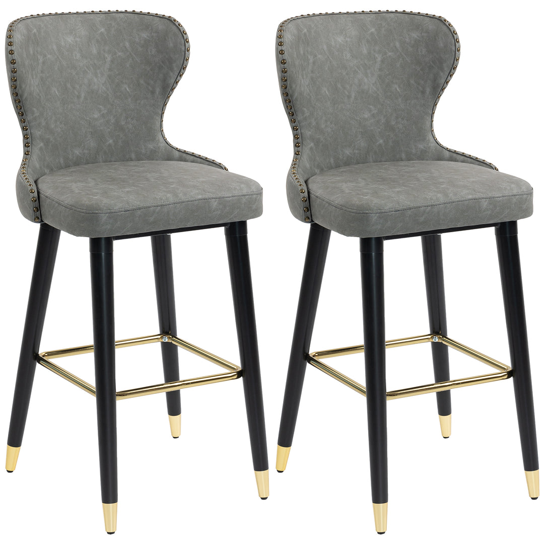 MCL Bar Stools Set of 2, PU Leather Barstools with Back, Footrest and Wood Legs for Kitchen, Counter, Breakfast Bar, Grey