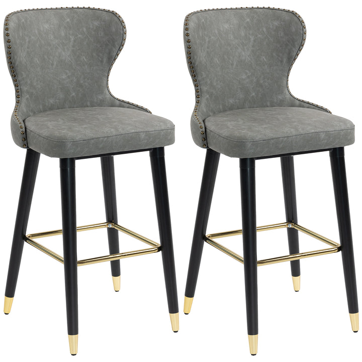 MCL Bar Stools Set of 2, PU Leather Barstools with Back, Footrest and Wood Legs for Kitchen, Counter, Breakfast Bar, Grey